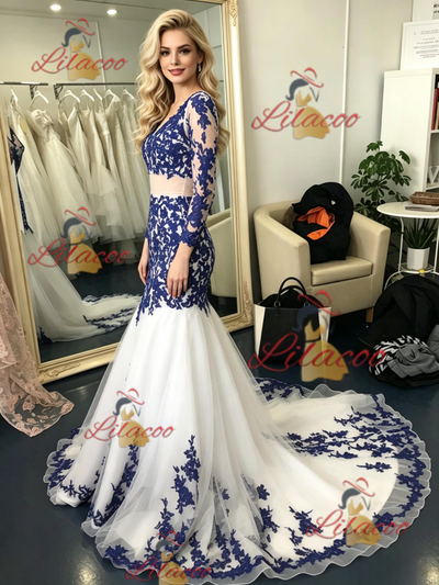 White Mermaid Tulle Blue Appliques Prom Dress