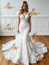 White Mermaid Lace Cap Sleeve V-neck Wedding Dress