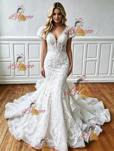 White Mermaid Lace Cap Sleeve V-neck Wedding Dress