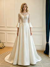Ivory Satin Short Sleeve Lace Appliques Wedding Dress
