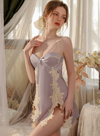 Lace and Chest Pad Nightdress Robe Suit