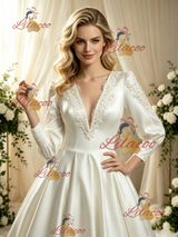Ivory Satin Long Sleeve Backless Lace Wedding Dress