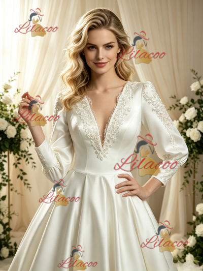 Ivory Satin Long Sleeve Backless Lace Wedding Dress