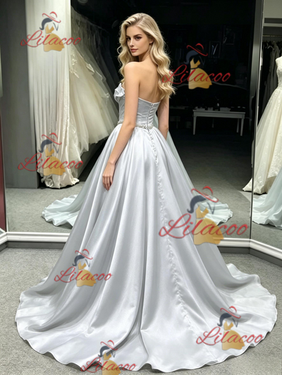 Silver Satin Strapless Pleats Prom Dress