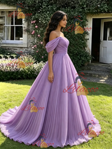 Purple Tulle Off the Shoulder Pleats Quinceanera Dress