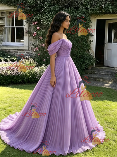 Purple Tulle Off the Shoulder Pleats Quinceanera Dress