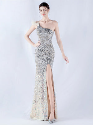 Sequins One Shoulder Split Prom Dress