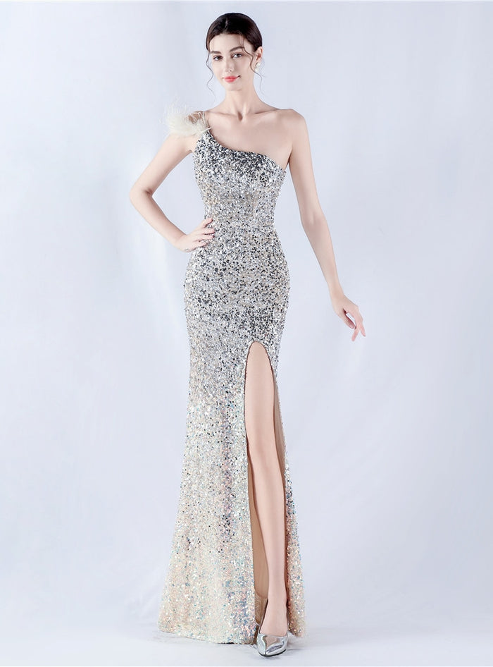 Sequins One Shoulder Split Prom Dress