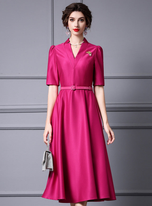 Fuchsia V-neck Satin Mother Of The Bride Dress