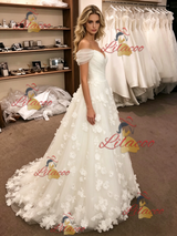 White Tulle Off the Shoulder 3D Flower Wedding Dress