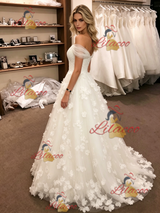 White Tulle Off the Shoulder 3D Flower Wedding Dress