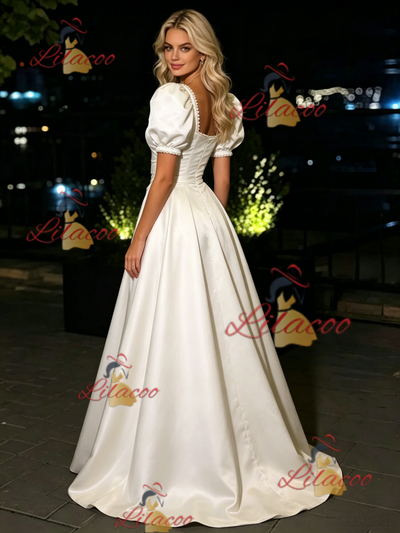 White Satin Puff Sleeve Pleats Prom Dress
