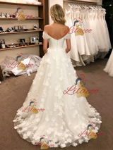 White Tulle Off the Shoulder 3D Flower Wedding Dress