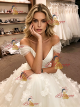 White Tulle Off the Shoulder 3D Flower Wedding Dress