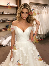 White Tulle Off the Shoulder 3D Flower Wedding Dress