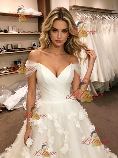 White Tulle Off the Shoulder 3D Flower Wedding Dress