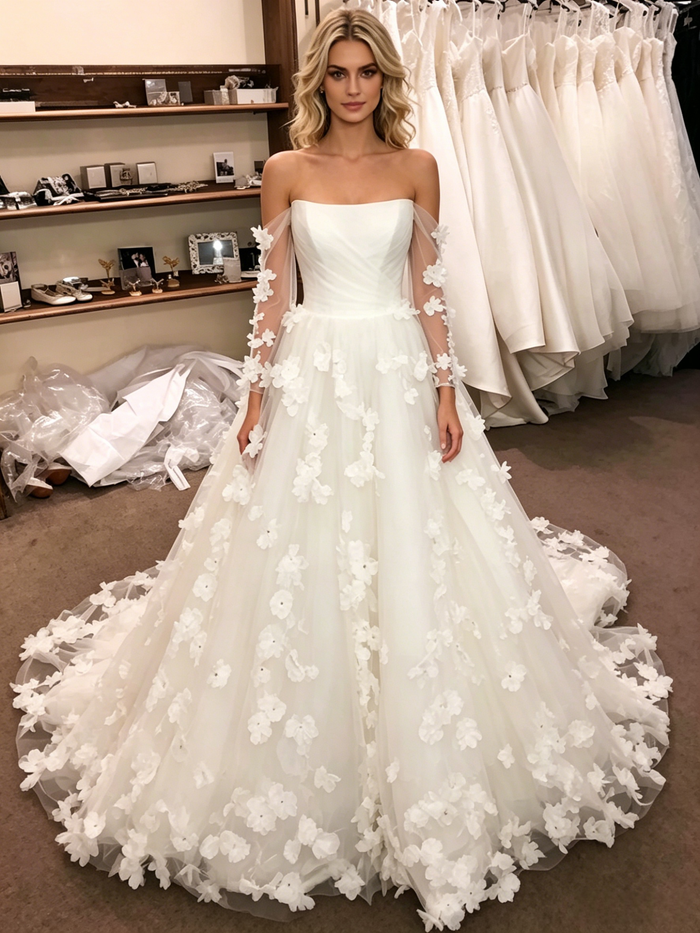 White Tulle Off the Shoulder Flower Wedding Dress
