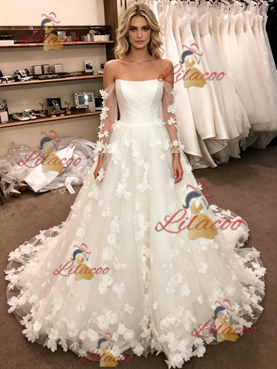 White Tulle Off the Shoulder Flower Wedding Dress