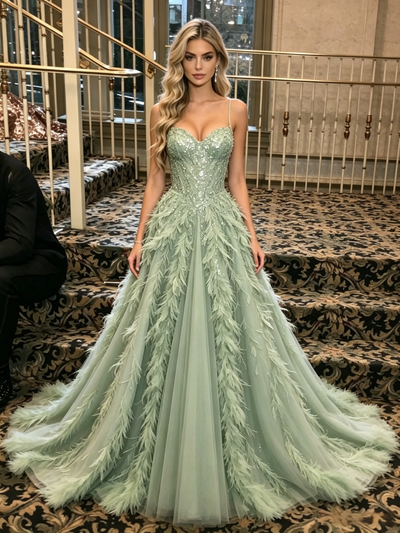 Green Sequins Spaghetti Straps Prom Dress