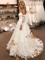 White Tulle Off the Shoulder Flower Wedding Dress