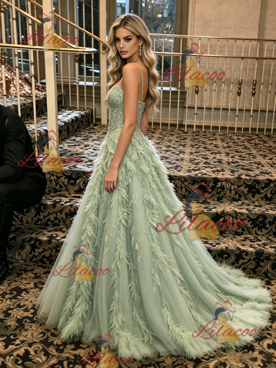 Green Sequins Spaghetti Straps Prom Dress