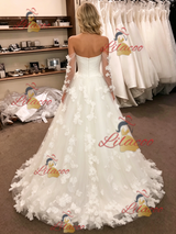White Tulle Off the Shoulder Flower Wedding Dress
