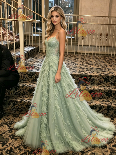 Green Sequins Spaghetti Straps Prom Dress