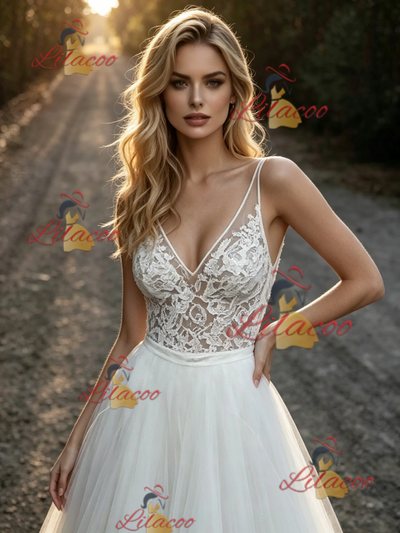 White Tulle Lace V-neck Wedding Dress