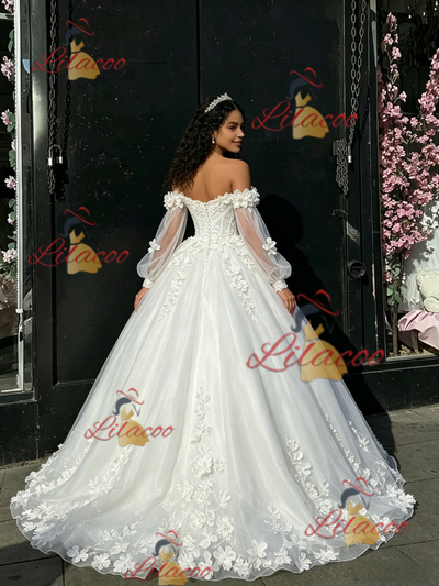 White Tulle Long Sleeve Flower Quinceanera Dress