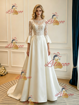 Ivory Satin Short Sleeve Lace Appliques Wedding Dress