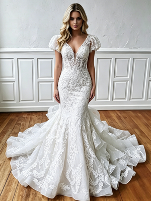 White Mermaid Lace Cap Sleeve V-neck Wedding Dress