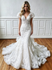 White Mermaid Lace Cap Sleeve V-neck Wedding Dress