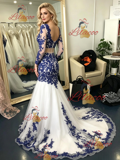 White Mermaid Tulle Blue Appliques Prom Dress