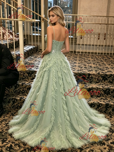 Green Sequins Spaghetti Straps Prom Dress
