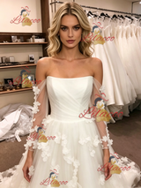 White Tulle Off the Shoulder Flower Wedding Dress