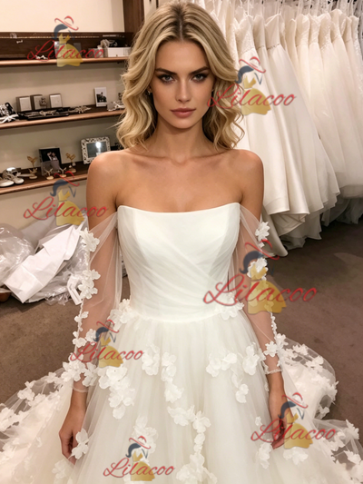 White Tulle Off the Shoulder Flower Wedding Dress