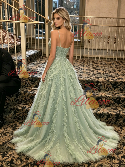 Green Sequins Spaghetti Straps Prom Dress
