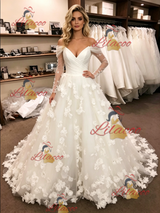 White Tulle Long Sleeve Flower Wedding Dress