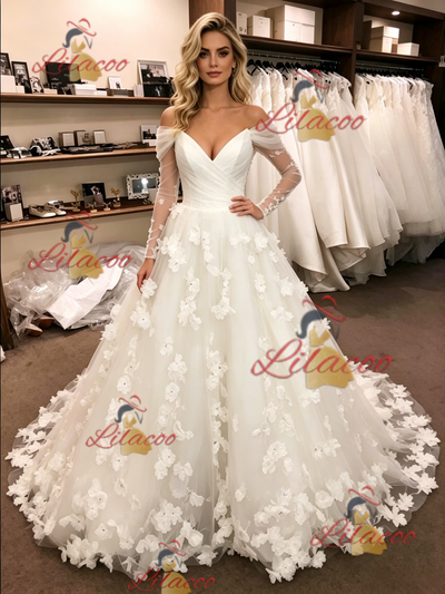 White Tulle Long Sleeve Flower Wedding Dress