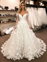 White Tulle Long Sleeve Flower Wedding Dress