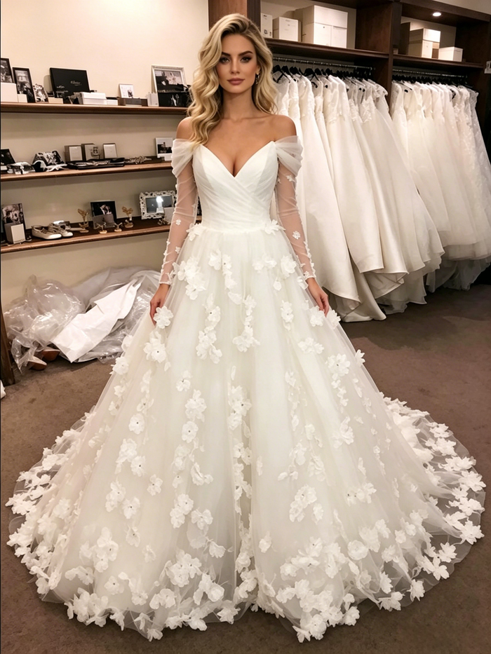 White Tulle Long Sleeve Flower Wedding Dress