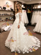 White Tulle Long Sleeve Flower Wedding Dress