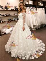 White Tulle Long Sleeve Flower Wedding Dress