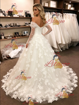 White Tulle Long Sleeve Flower Wedding Dress