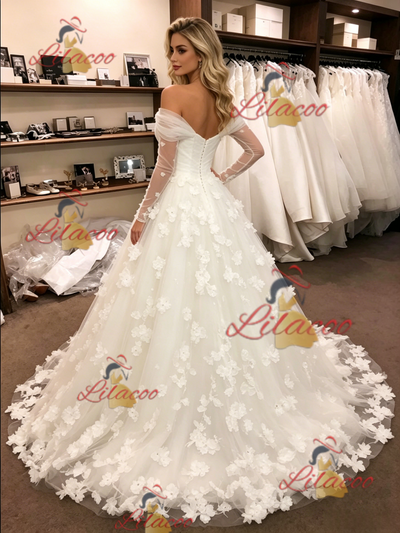 White Tulle Long Sleeve Flower Wedding Dress