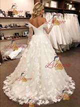 White Tulle Long Sleeve Flower Wedding Dress