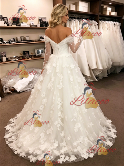 White Tulle Long Sleeve Flower Wedding Dress
