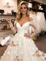 White Tulle Long Sleeve Flower Wedding Dress