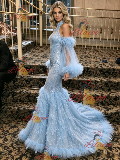 Blue Mermaid Sequins Halter Prom Dress