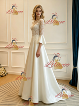 Ivory Satin Short Sleeve Lace Appliques Wedding Dress